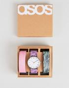 Asos Design Watch With Pack Of 3 Interchangeable Faux Animal Print Straps - Multi