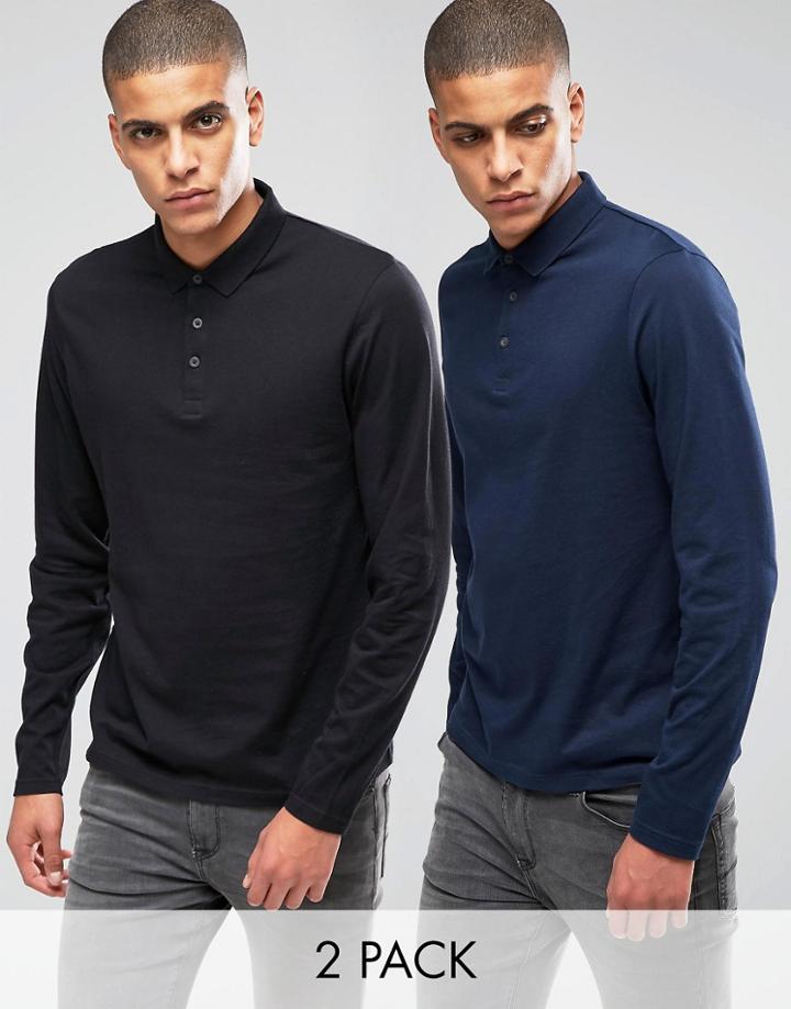 Asos Long Sleeve Jersey Polo 2 Pack Balck/ Navy Save 18%