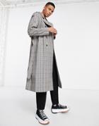Asos Design Double Breasted Trench Coat In Gray Check-grey