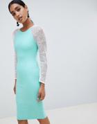 Vesper Bodycon Dress With Contrast Lace Sleeves - Green