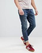 Asos Tapered Jeans In 17oz Vintage Dark Wash With Abrasions - Blue