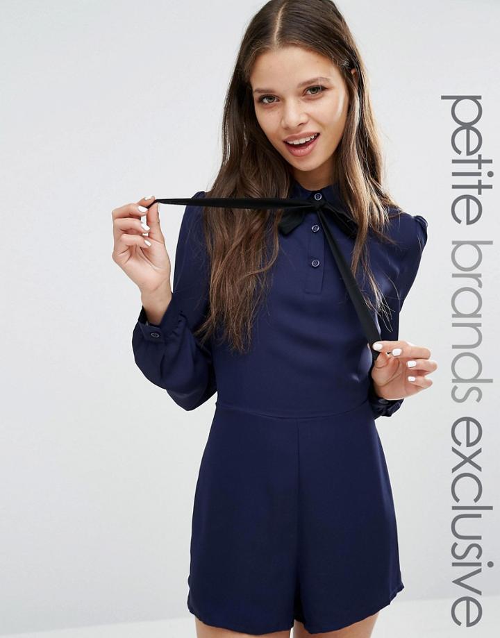 Fashion Union Petite Diana Romper With Bow Detail - Navy