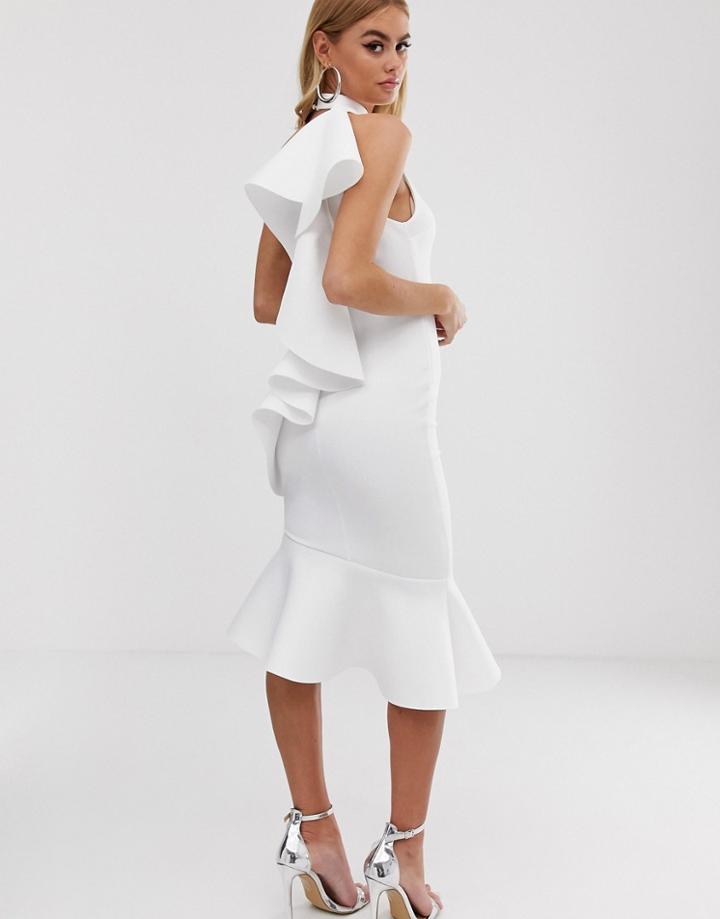 Asos Design One Shoulder Ruffle Halter Midi Dress - White
