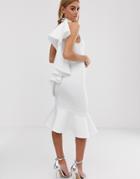 Asos Design One Shoulder Ruffle Halter Midi Dress - White