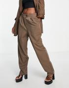 Flounce London Straight Leg Pants With Pleated Front In Chocolate-brown