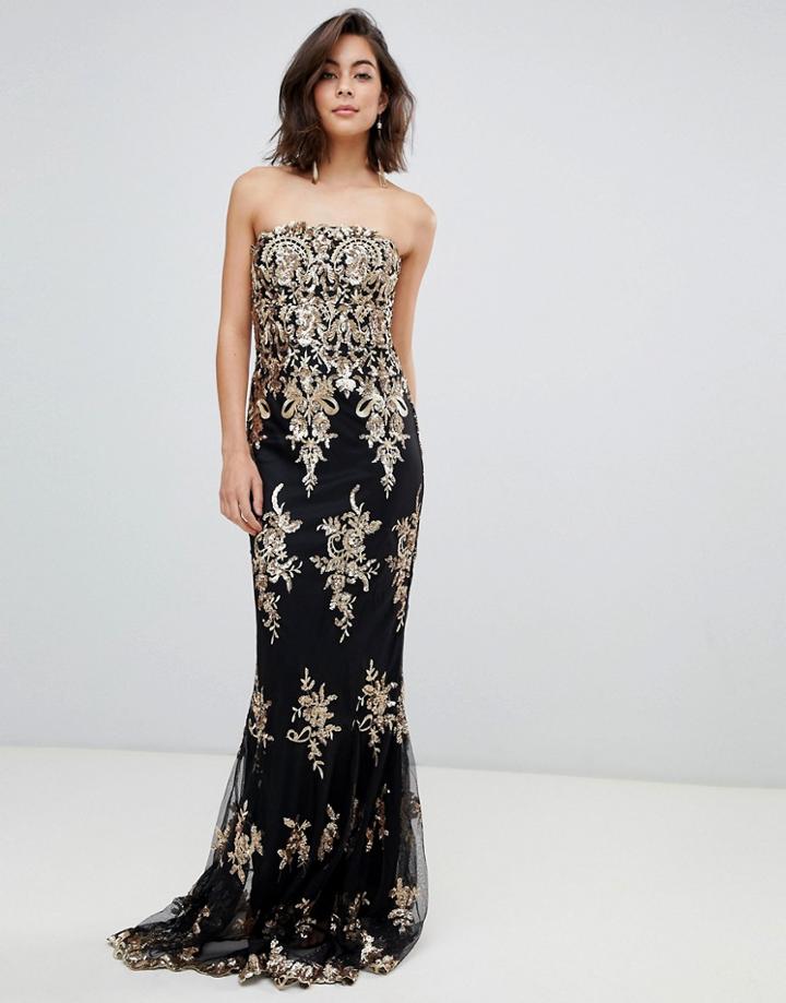 City Goddess Strapless Sequin Embroidered Maxi Dress - Black