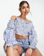 Influence Off-the-shoulder Bardot Crop Top In Blue Ditsy Floral