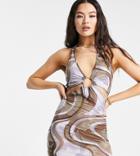 Asyou Halter Tie Wrap Dress In Marble Print-brown