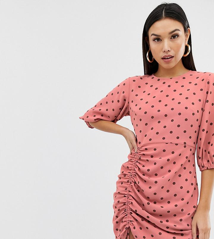 Prettylittlething Ruched Mini Dress In Pink Polka Dot - Pink