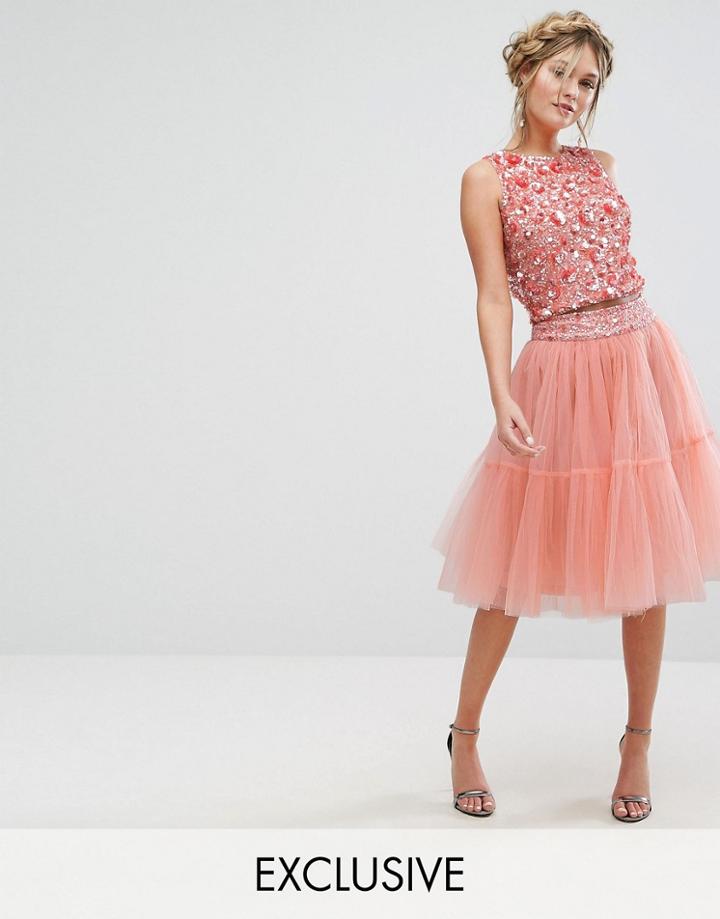 Lace & Beads Tulle Layered Midi Skirt Co-ord - Orange