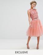 Lace & Beads Tulle Layered Midi Skirt Co-ord - Orange