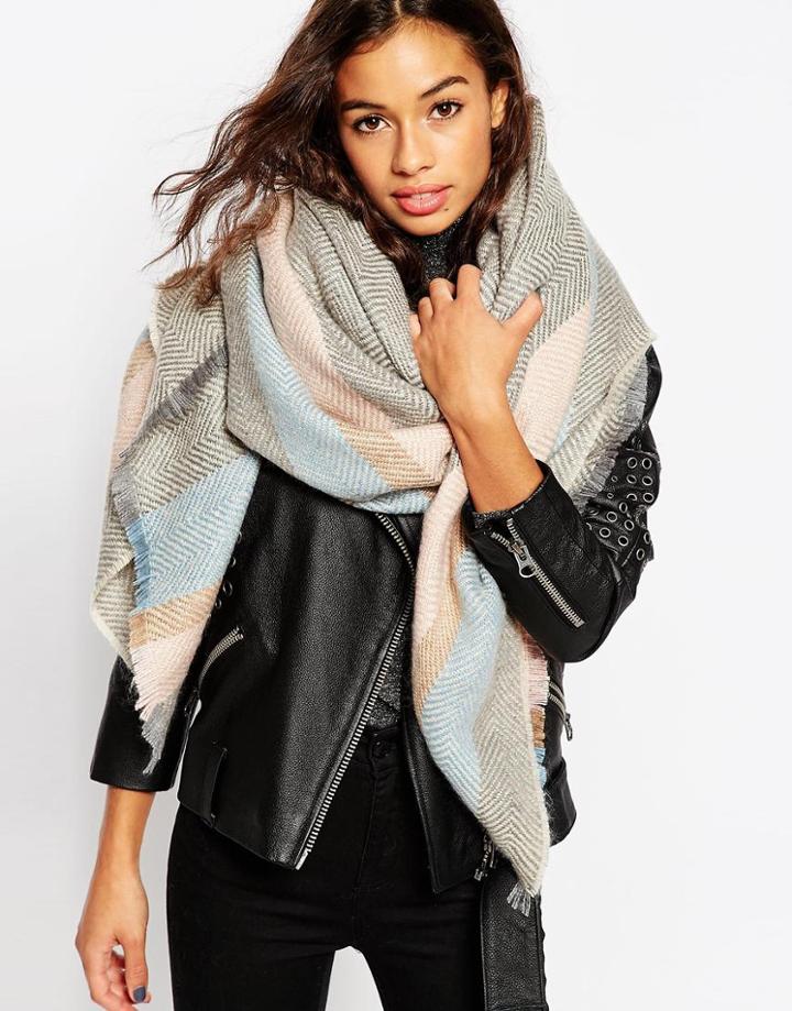 Asos Woven Oversized Scarf In Pastel Herringbone Stripe - Pastel