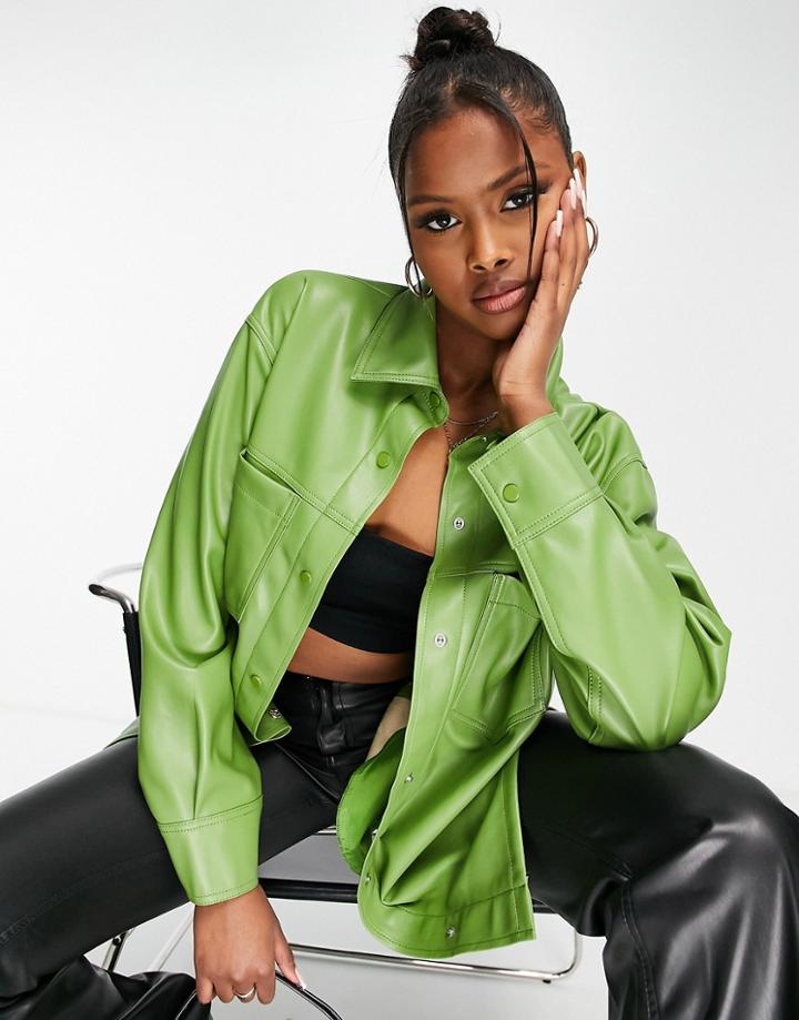 Topshop Faux Leather Shirt In Green