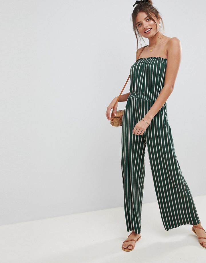 Asos Design Bandeau Jersey Jumpsuit With Wide Leg In Vertical Stripe - Green
