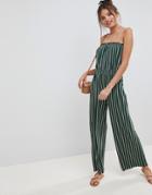 Asos Design Bandeau Jersey Jumpsuit With Wide Leg In Vertical Stripe - Green