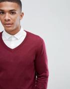Asos Design Cotton V-neck Sweater In Burgundy - Red