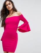 Outrageous Fortune Bardot Mini Pencil Dress With Flueted Sleeve - Pink