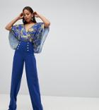 Flounce London Tall Wide Leg Pants With Gold Button Detail-blue