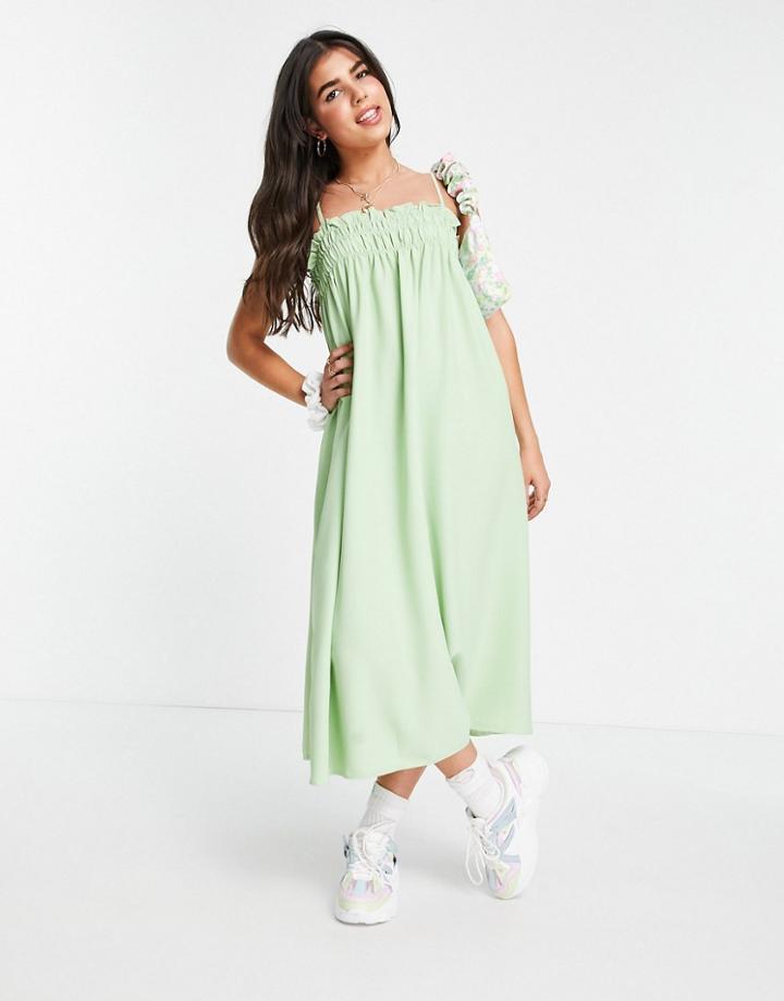 Lola May Shirred Midaxi Cami Smock Dress In Wasabi Green