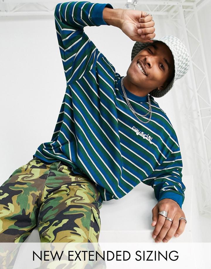 Asos Daysocial Oversized Long Sleeve T-shirt In All Over Stripe With Logo Print In Green