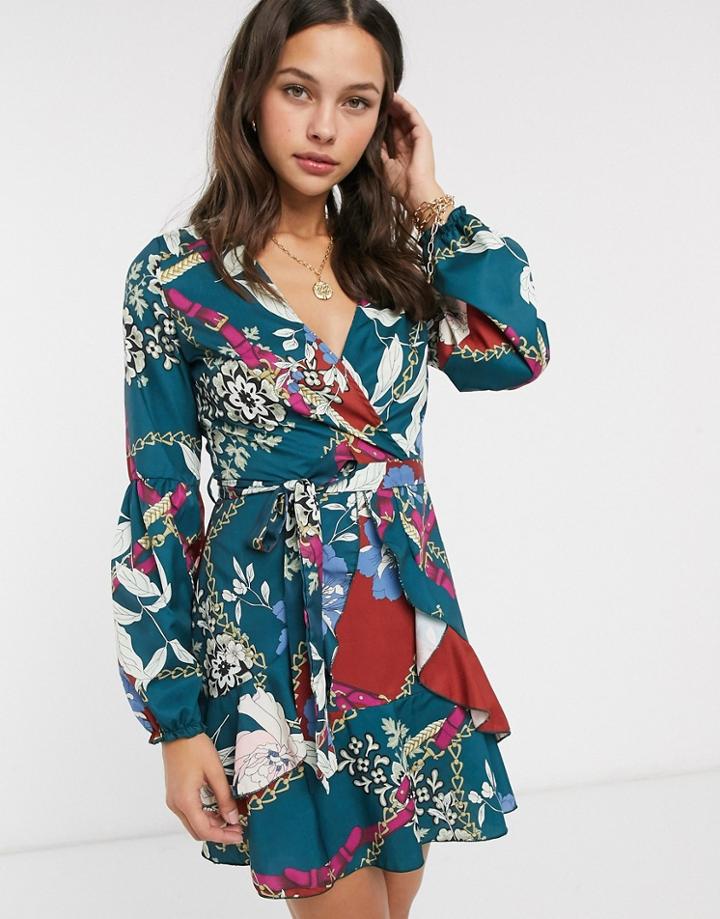 Parisian Wrap Front Dress In Scarf Floral Print-multi