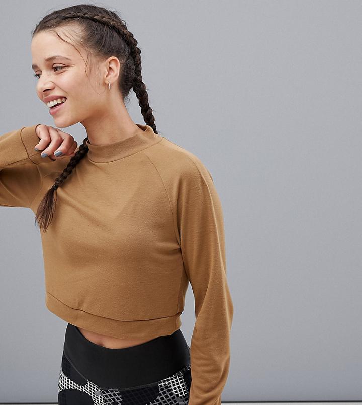 Adidas Training High Neck Long Sleeve Crop Top In Beige - Cream
