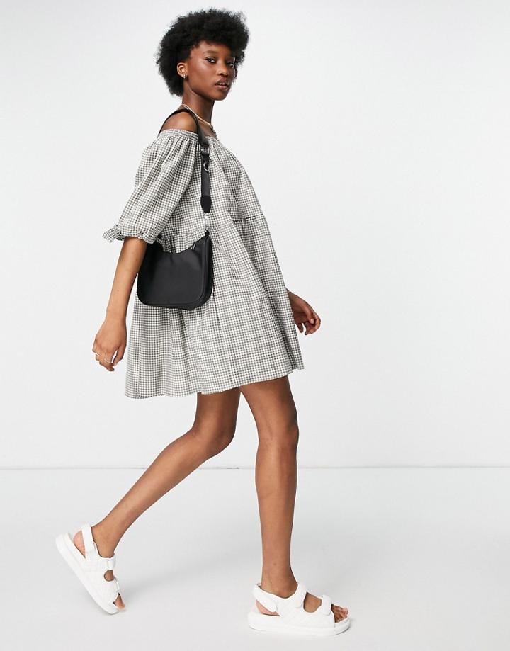 Asos Design Off Shoulder Tiered Mini Dress With Tie Sleeves In Khaki Gingham-multi
