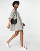 Asos Design Off Shoulder Tiered Mini Dress With Tie Sleeves In Khaki Gingham-multi