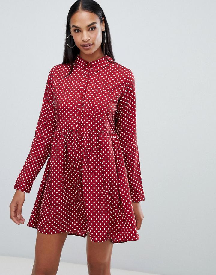 Boohoo Smock Shirt Dress In Polka Dot - Red