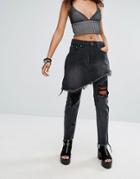 One Above Another Shredded Jeans With Skirt Layer - Black