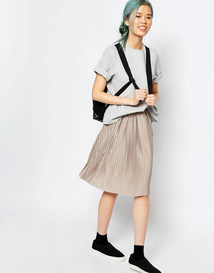 Monki Pleated Midi Skirt - Gray Melange