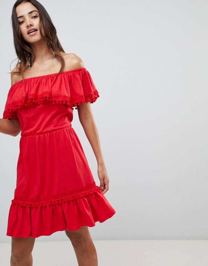 Asos Design Off Shoulder Midi Sundress With Broderie And Pom Pom Trim - Red