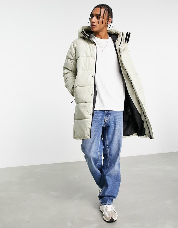 Pull & Bear Mid Length Puffer Coat With Hood In Stone-neutral