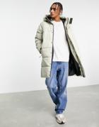 Pull & Bear Mid Length Puffer Coat With Hood In Stone-neutral