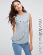 Asos Tall Top With Asymmetric Frill - Ice Blue