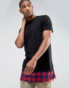 Asos Super Longline T-shirt With Woven Check Hem Extender - Black