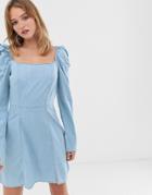 Asos Design Denim Mini Dress With Milkmaid Neckline In Lightwash Blue - Blue
