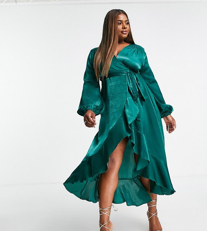 Flounce London Plus Long Sleeve Wrap Maxi Dress In Emerald-green