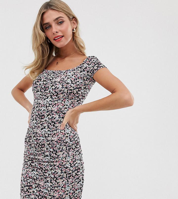 Pull & Bear Ruched Front Dress In Floral Print - Multi