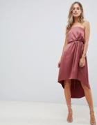 Asos Design Midi Bandeau Satin Dress With Knot Back Detail-pink