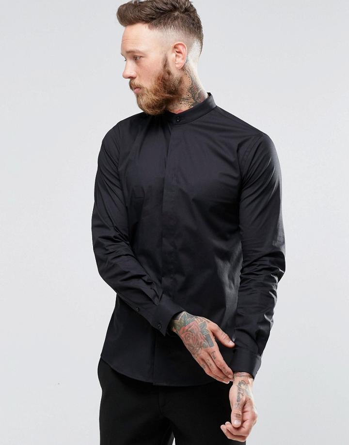 Noose & Monkey Skinny Shirt With Grandad Collar With Stretch - Black
