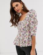 Asos Design Short Sleeve Tea Blouse In Vintage Floral Print With Button Detail - Multi