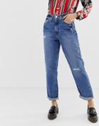 River Island Mom Jeans With Rips In Mid Wash-blue