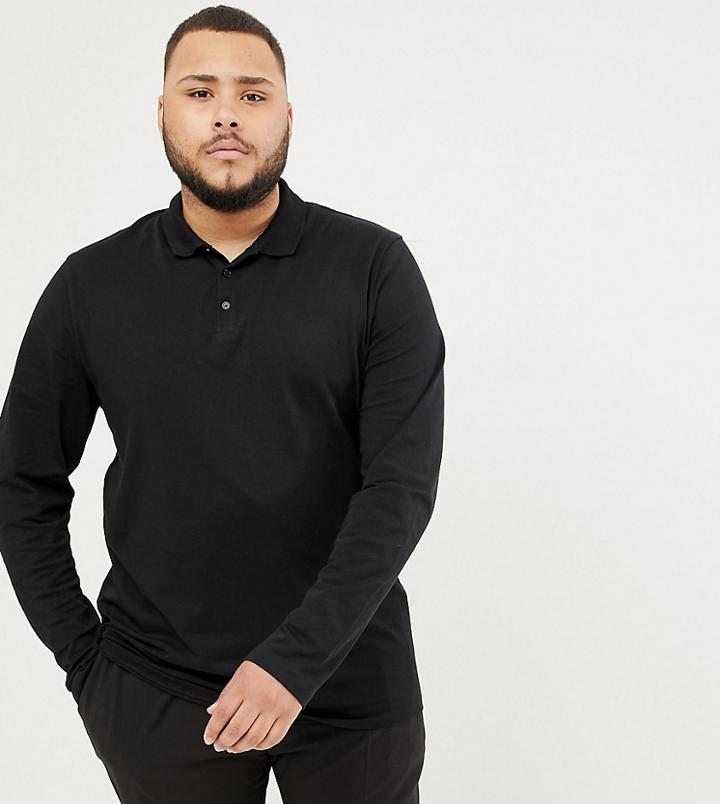 Asos Design Plus Long Sleeve Jersey Polo In Black