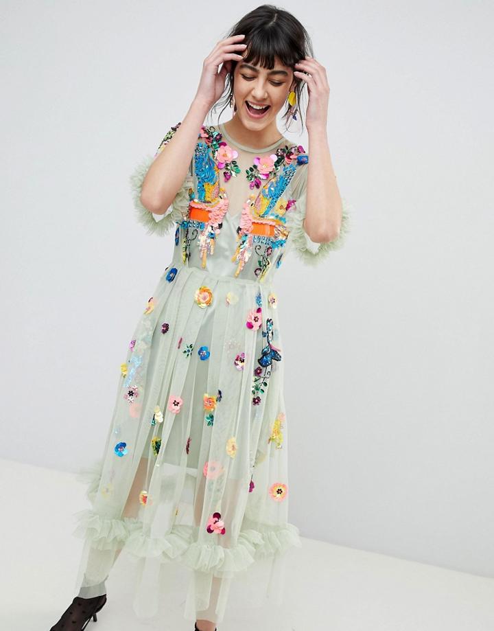 Asos Edition Bird Embellished Smock Midi Dress - Green