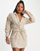 Asos Design Knot Front Shirt Dress In Camel-neutral