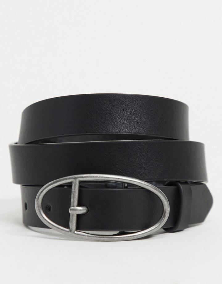 Asos Design Skinny Belt In Black Faux Leather With Burnished Silver Oval Buckle