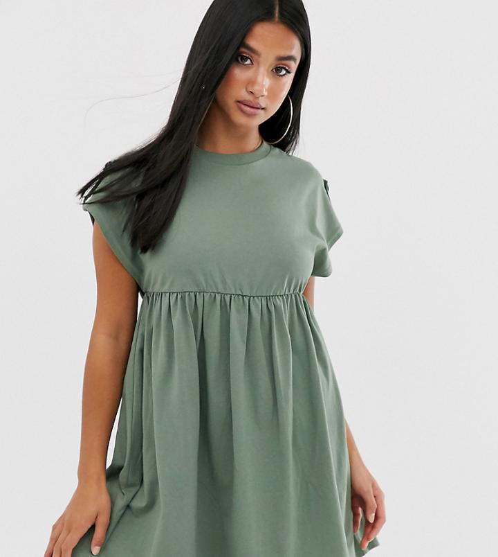 Asos Design Petite Button Sleeve Mini Smock Dress - Green