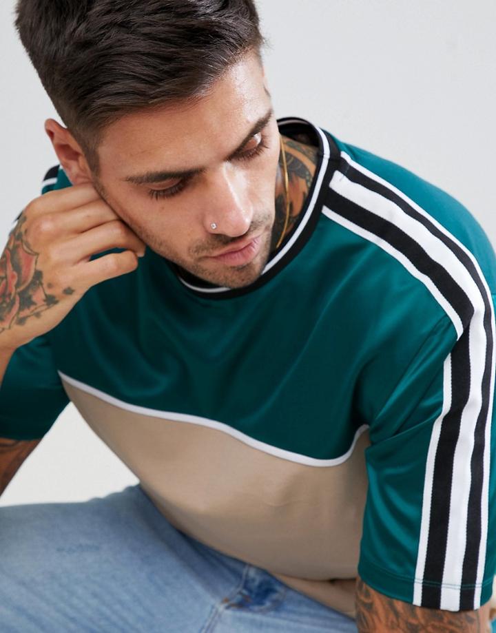Asos Design Longline T-shirt With Contrast Satin Yoke And Sleeve Taping-green