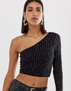 Asos Design One Shoulder Crop Top In Mesh With Crystal Studs-black